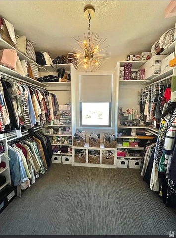 838 East Mountain Road North Ogden, UT 84414 - Photo 22 of 37 Walk-in closet featuring extensive built-in shelving, hanging rods, an integrated window, a Sputnik-style chandelier, and textured carpet flooring