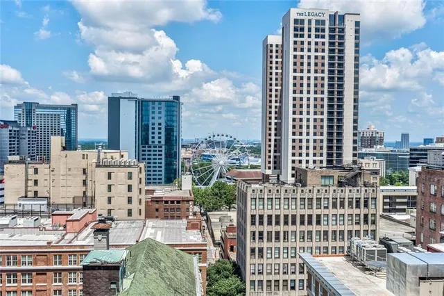 a city view with tall buildings