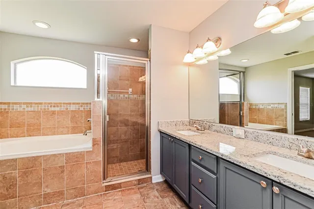 a bathroom with a granite countertop sink mirror and shower