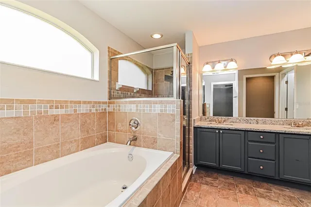 a bathroom with a tub a sink and mirror