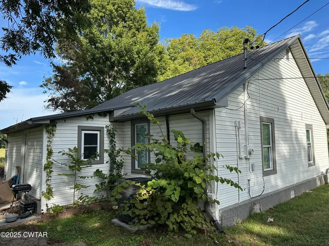 a view of a house with a yard potted plants and large tree