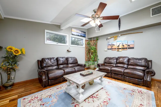 a living room with furniture ceiling fan and a rug