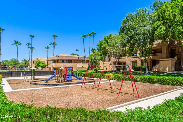 a view of a park with slide