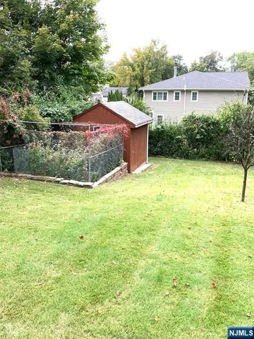 a view of a backyard with plants and large trees