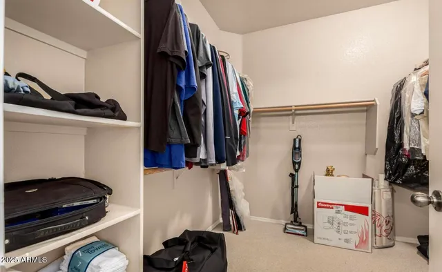 a view of walk in closet with clothes and shoes