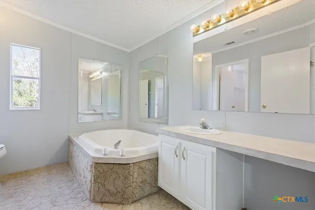 a bathroom with a tub sink and mirror