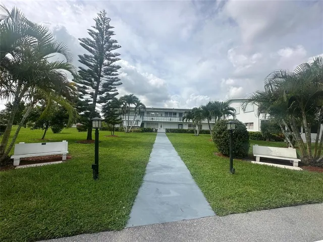 a view of a park with large trees