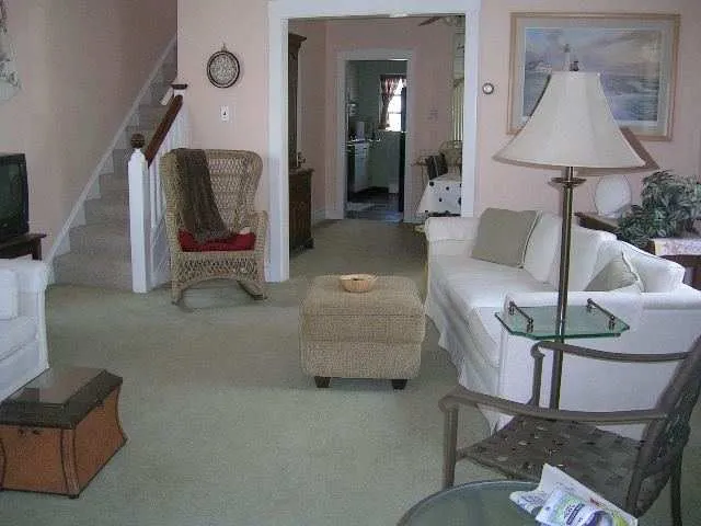 a living room with furniture and a lamp