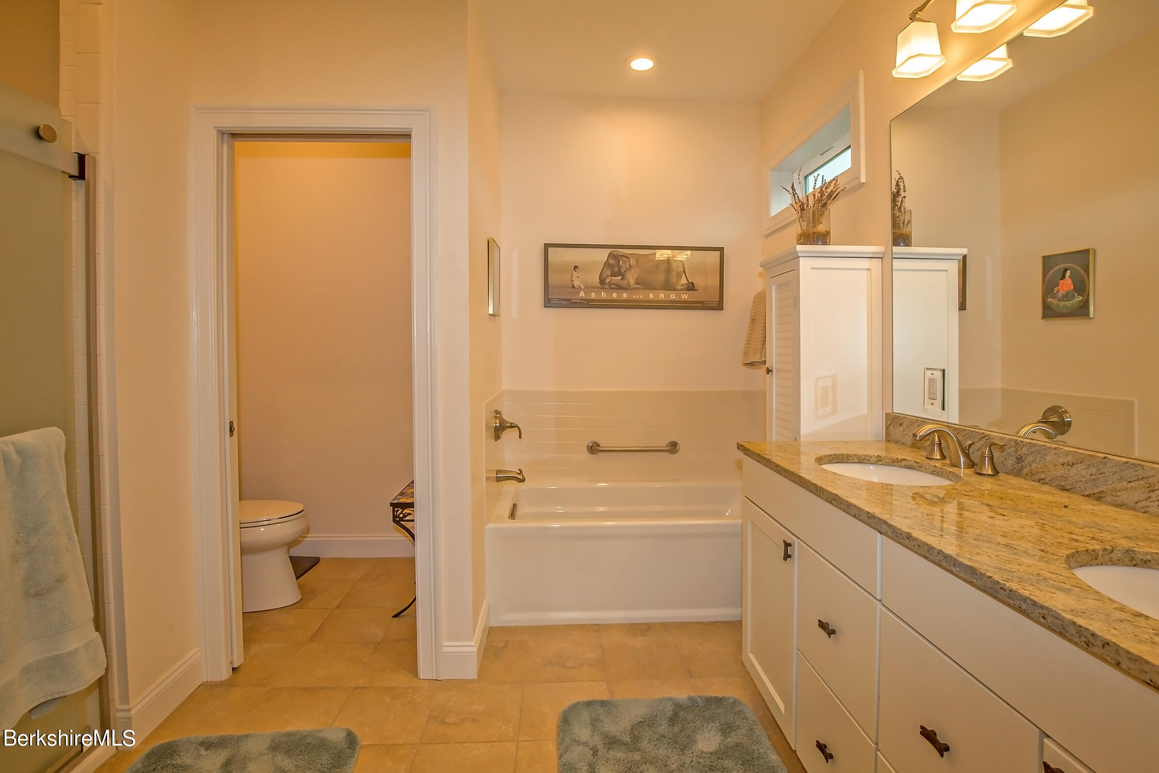 3 Burning Tree Road Great Barrington, MA 01230 - Photo 22 of 50 a bathroom with a granite countertop sink toilet and shower