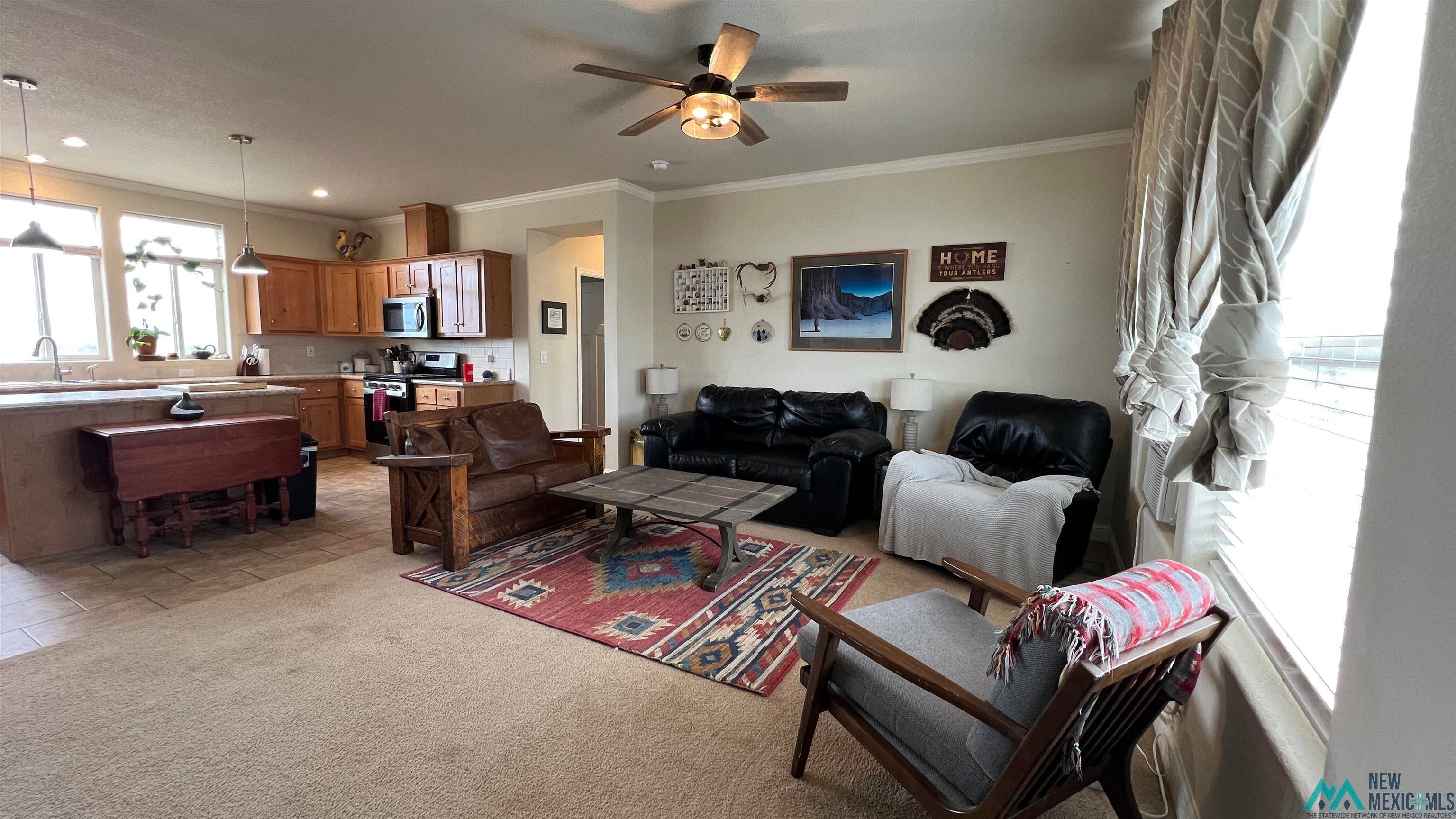 56 Kachina Road Quemado, NM 87829 - Photo 5 of 36 Living area with light colored carpet, ornamental molding, a ceiling fan, and recessed lighting