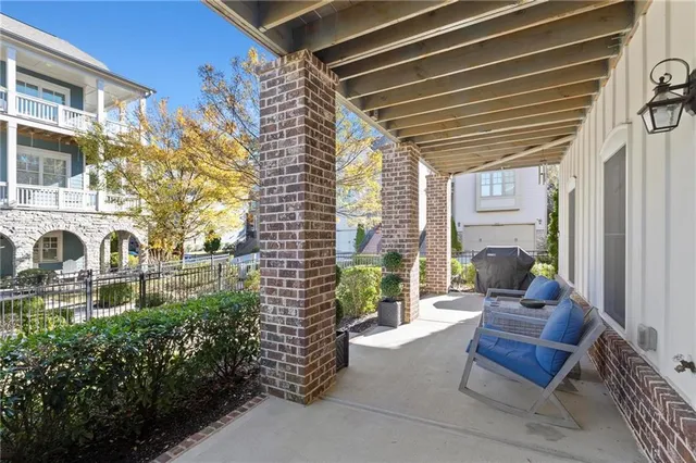 a garden view with a seating space