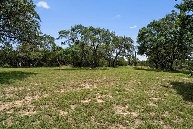 a view of a field with trees in the background