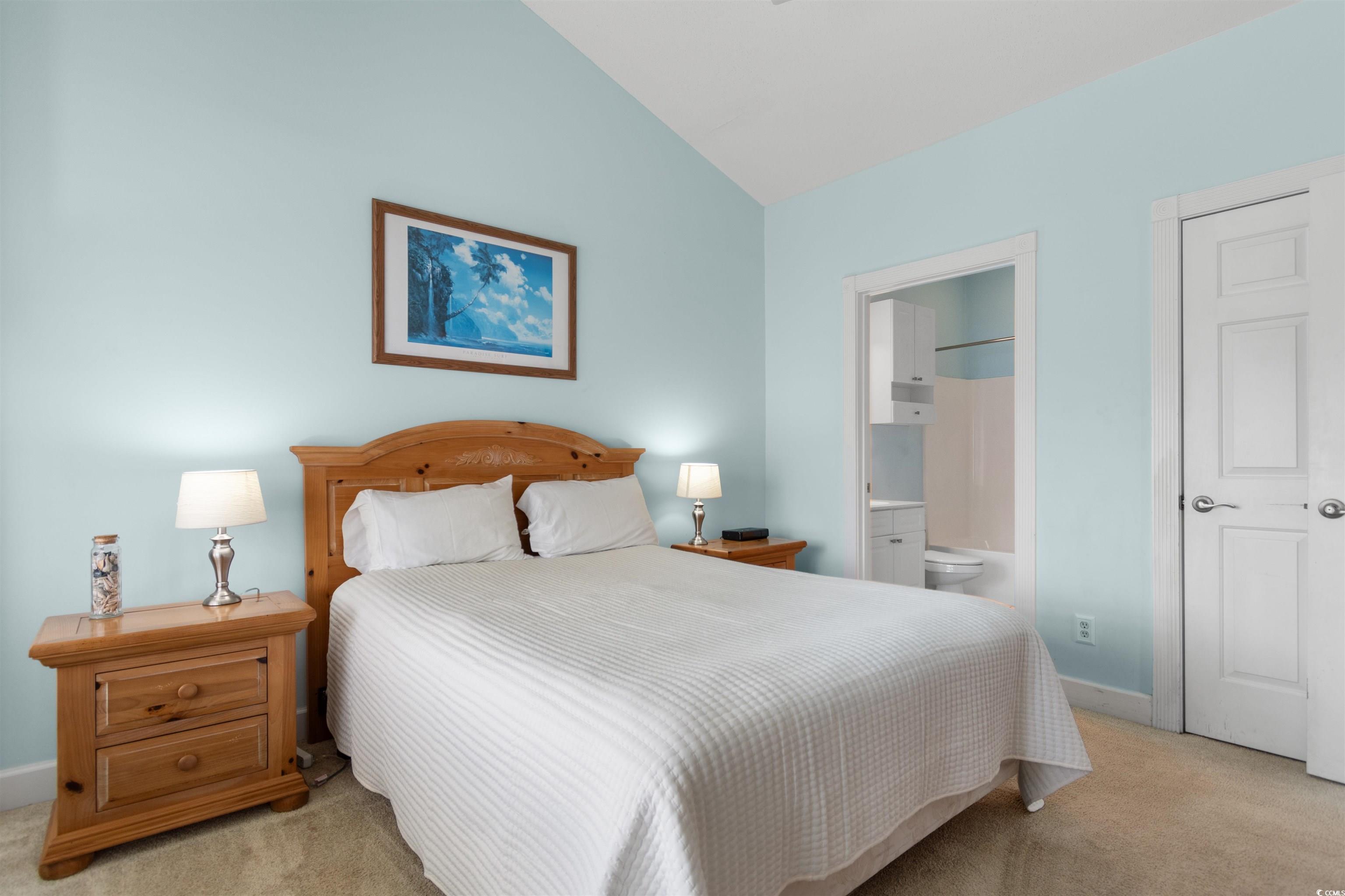 4856 Carnation Circle, Unit 302 Myrtle Beach, SC 29577 - Photo 2 of 28 Bedroom featuring light carpet, connected bathroom, and lofted ceiling