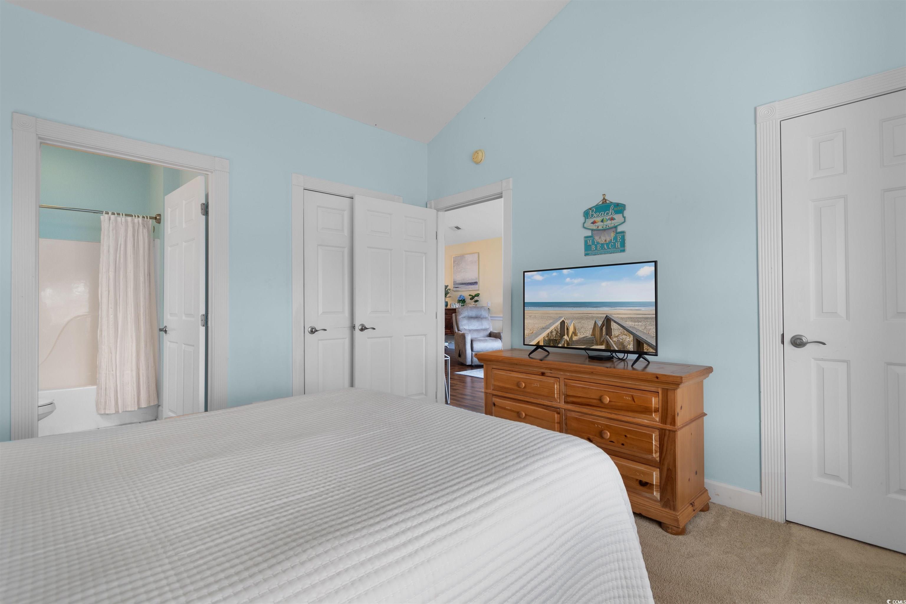 4856 Carnation Circle, Unit 302 Myrtle Beach, SC 29577 - Photo 8 of 28 Bedroom with carpet, ensuite bath, and high vaulted ceiling
