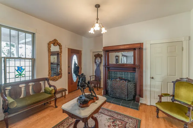 a view of a dining room with furniture