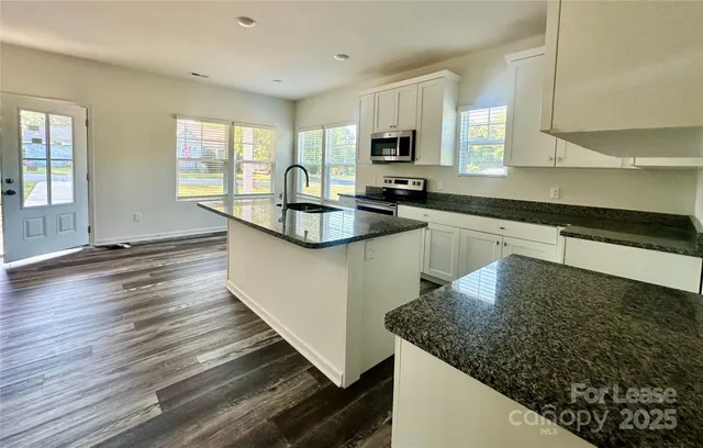 a kitchen with stainless steel appliances granite countertop a sink a stove counter space and cabinets