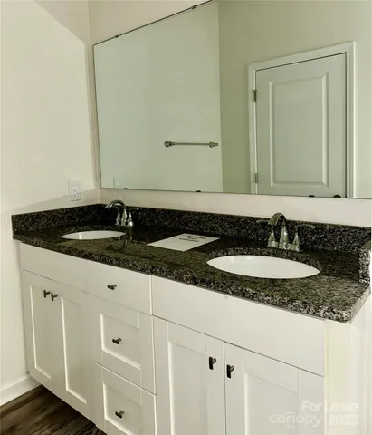 a bathroom with a granite countertop sink and white cabinets