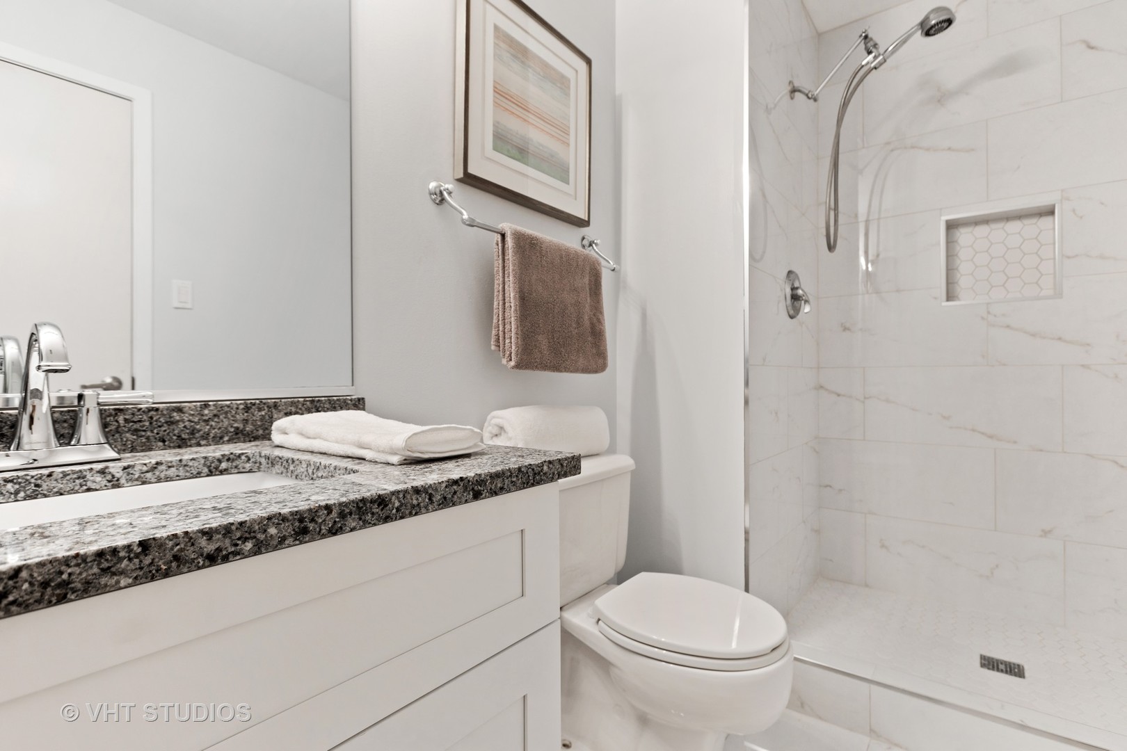 14 North Sangamon Street, Unit 309 Chicago, IL 60607 - Photo 36 of 39 a bathroom with a granite countertop sink toilet and shower