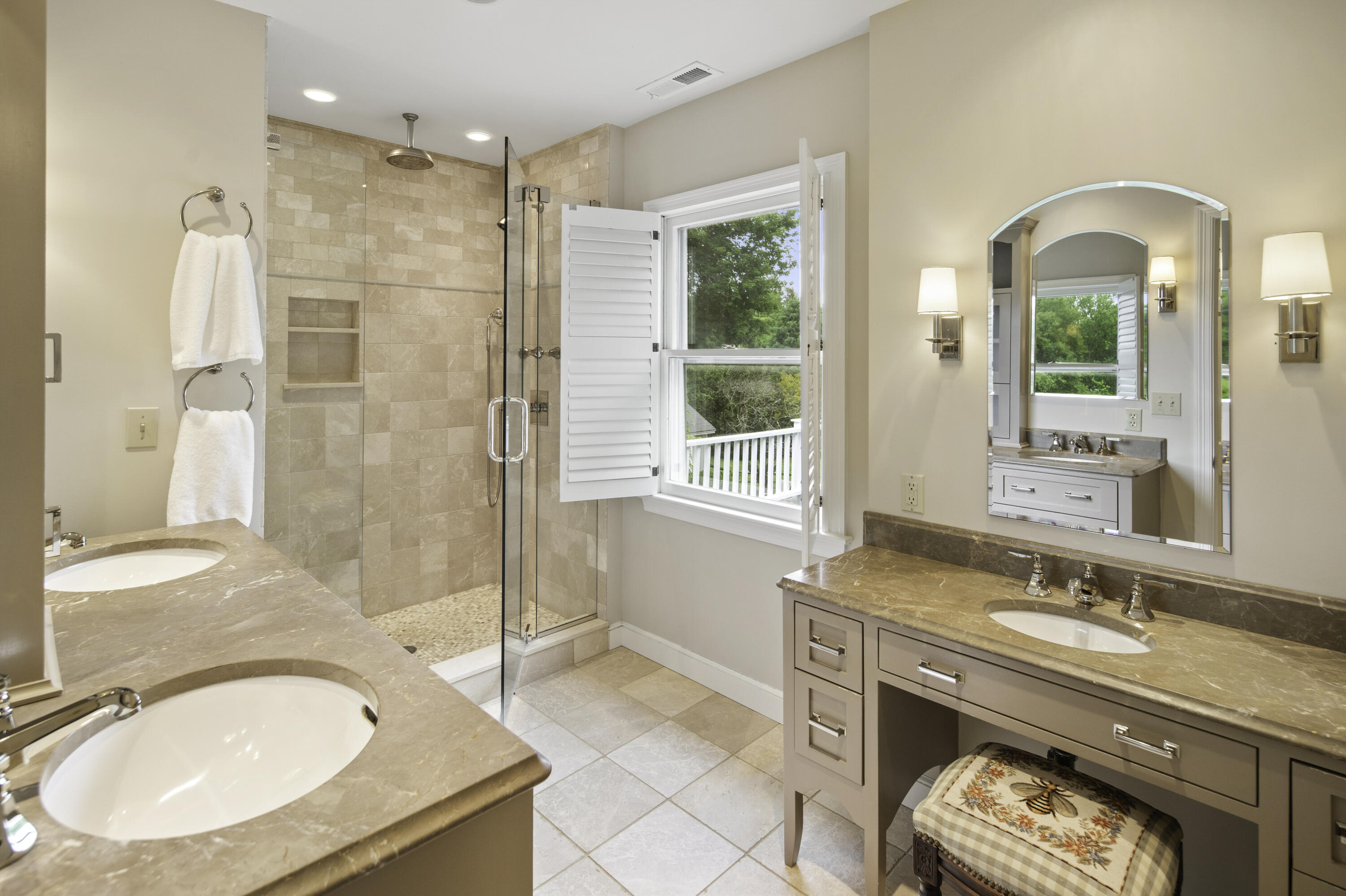 246 White Oak Shade Road New Canaan, CT 06840 - Photo 23 of 38 a bathroom with a granite countertop sink mirror and shower