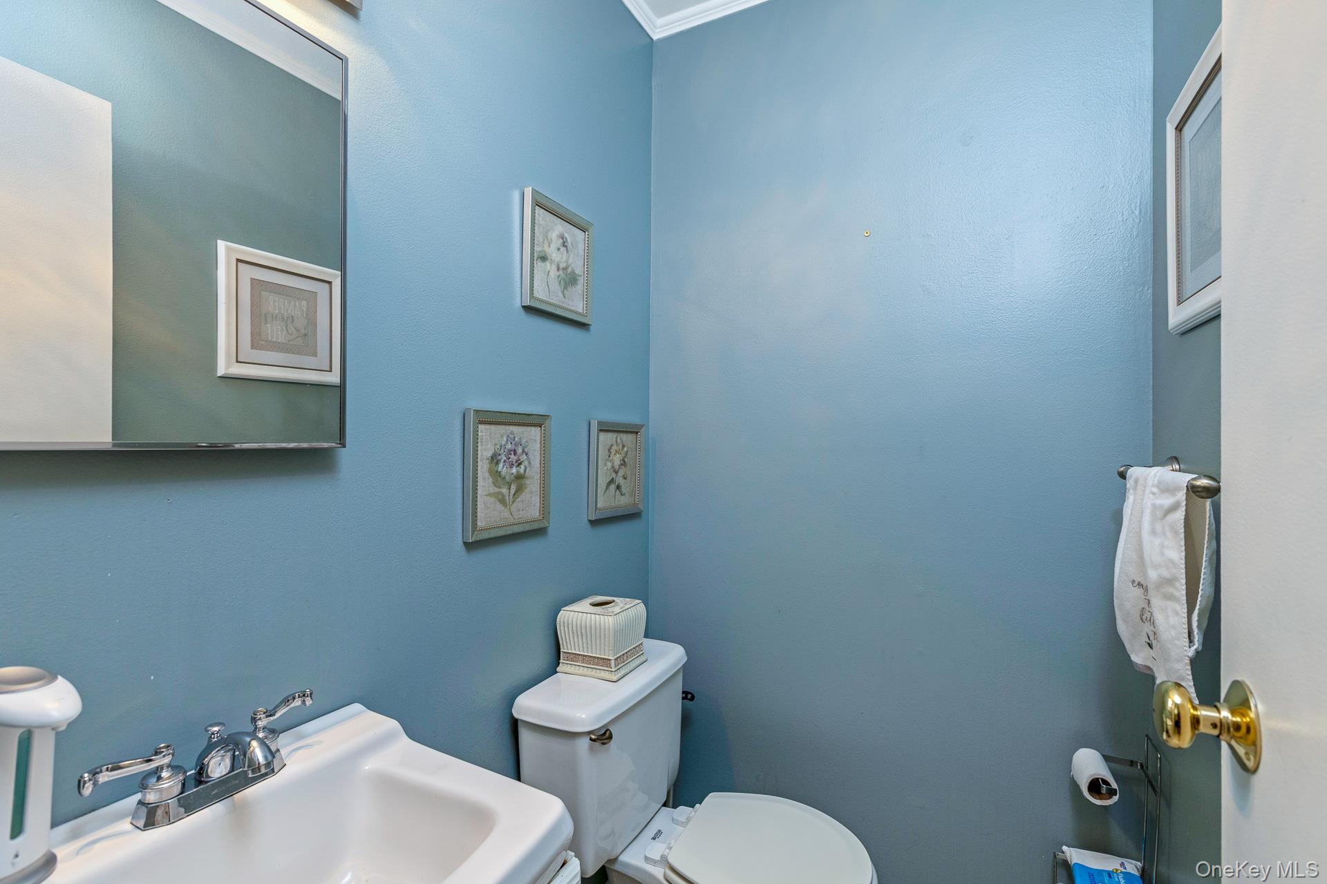 17 Stone Commons Yaphank, NY 11980 - Photo 15 of 31 Powder room with a pedestal sink, chrome faucet, wall-mounted mirror, and a white toilet