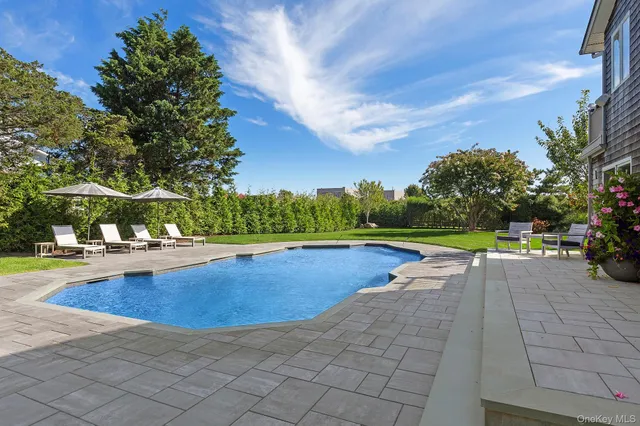 a view of a swimming pool with a yard