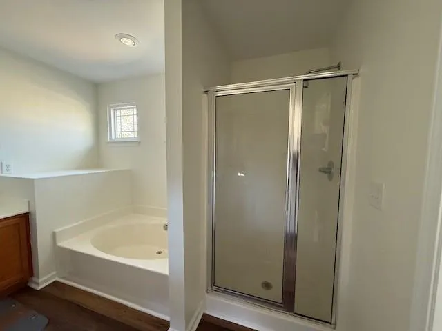a bathroom with a bathtub and a shower