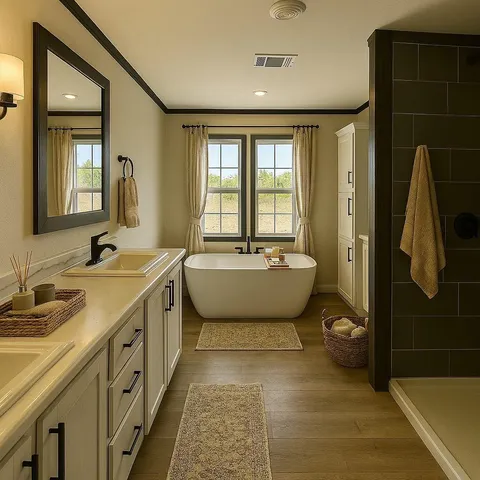 a spacious bathroom with a double vanity sink a mirror and a bathtub