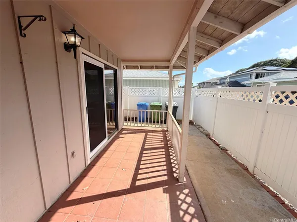 a porch with seating space