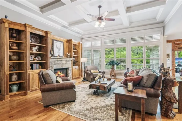 a living room with a couch and a table