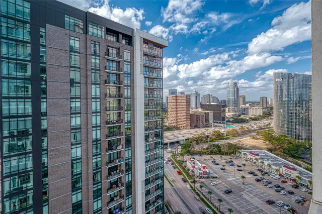 a city view with tall buildings