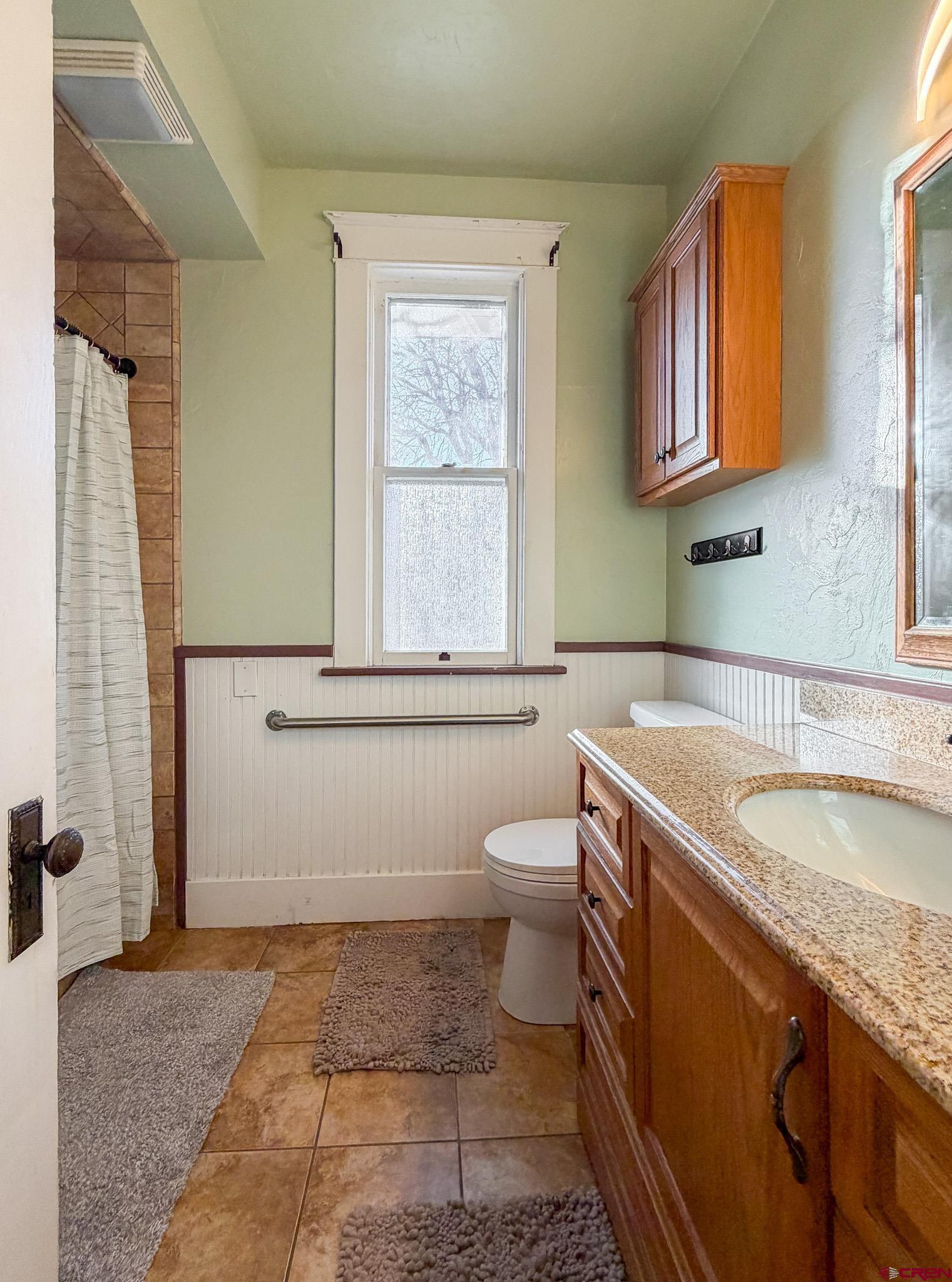 8903 Marshalls Road Austin, CO 81410 - Photo 26 of 45 a bathroom with a granite countertop toilet a sink and a mirror