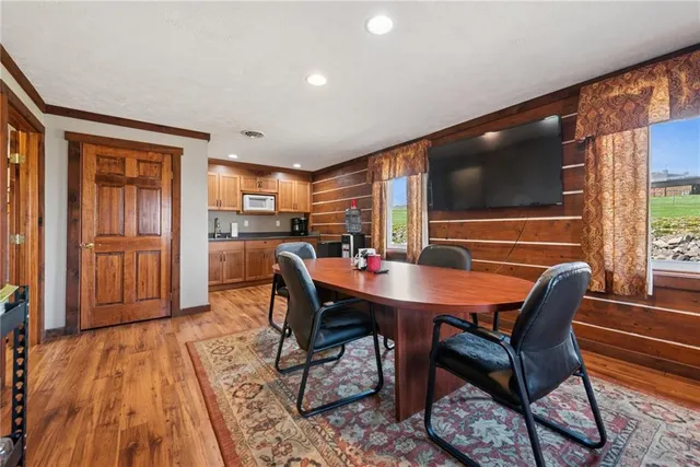 a view of a dining room with furniture