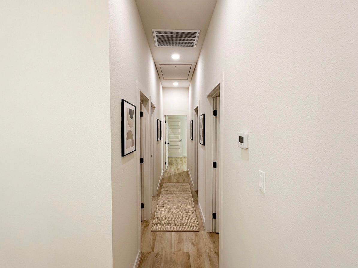 9736 Garcroft Street Houston, TX 77029 - Photo 4 of 17 a view of a hallway with wooden floor and a bathroom