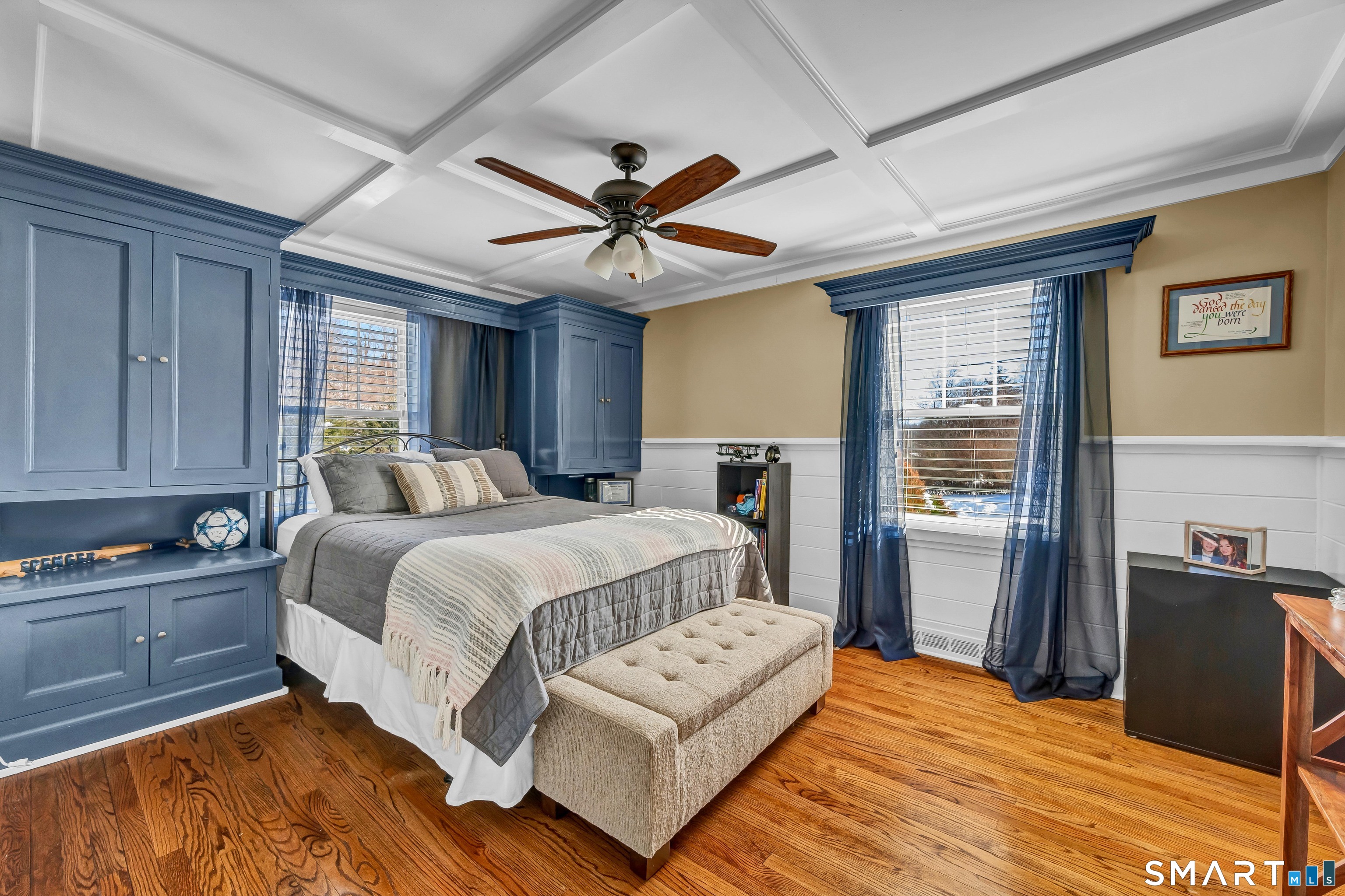 2 A Lakeview Road Brookfield, CT 06804 - Photo 23 of 40 Primary bedroom with coffered ceiling, built-ins, ceiling fan and hardwood floors.