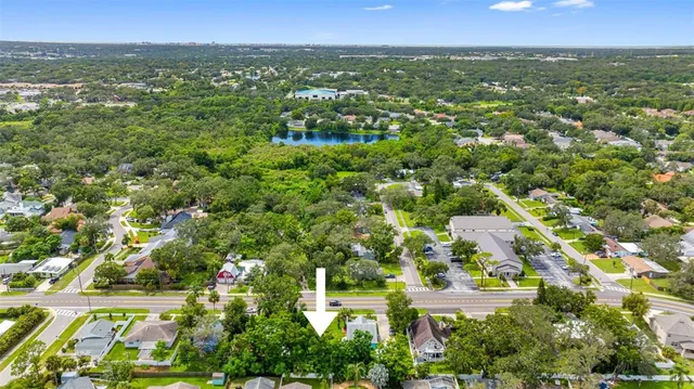 an aerial view of residential houses with outdoor space and trees