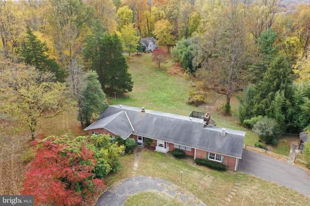 an aerial view of a house with a yard and a large tree
