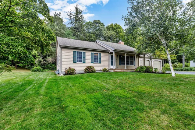 a front view of house with yard and green space