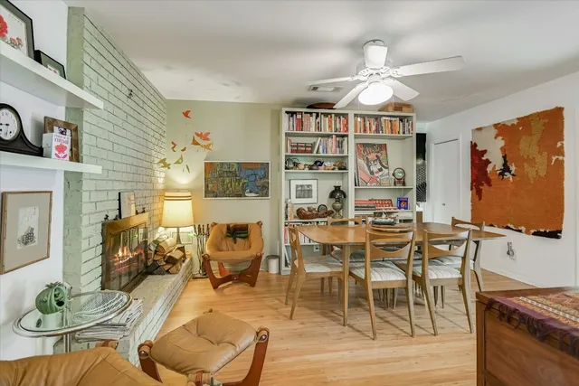 a view of a dining room with furniture