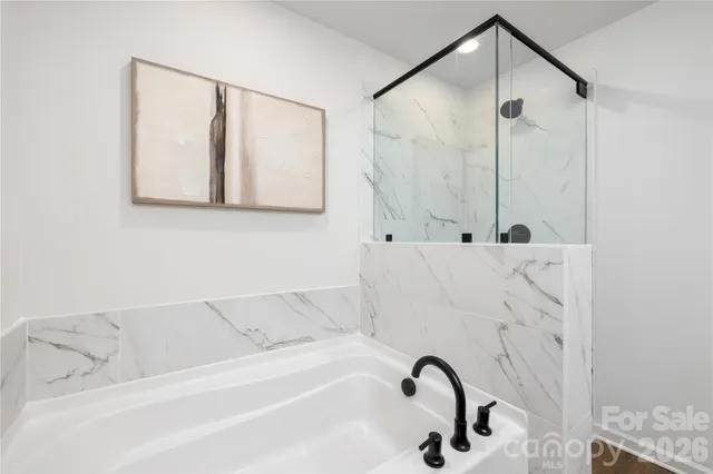 a bathroom with a bathtub and a shower