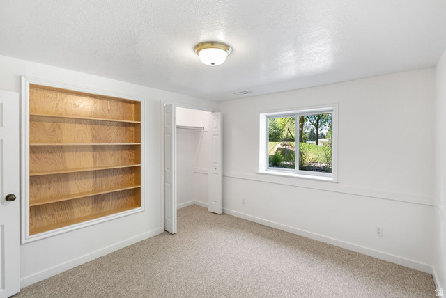 435 Canyon Road Millville, UT 84326 - Photo 44 of 113 Carpeted room featuring a built-in wood-finish shelving unit, a window, a bi-fold closet, and a ceiling-mounted light fixture