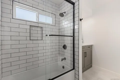 a bathroom with a bathtub