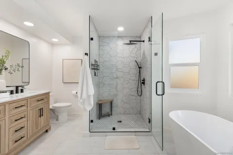 a bathroom with a shower a sink a toilet and shower