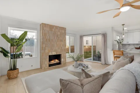 a living room with furniture and a fireplace