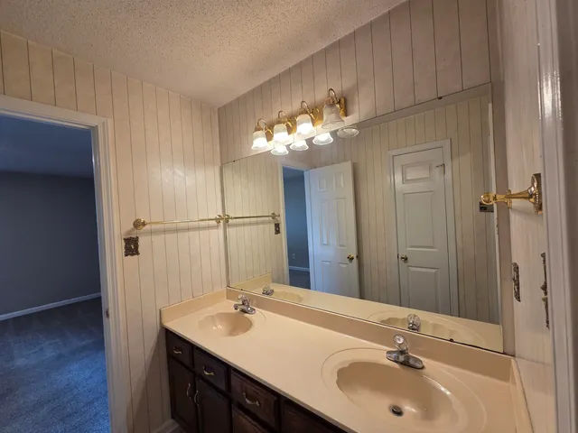 a bathroom with a sink double vanity and a mirror
