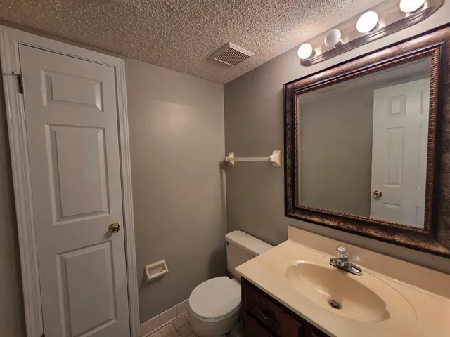a bathroom with a toilet a sink a mirror and vanity