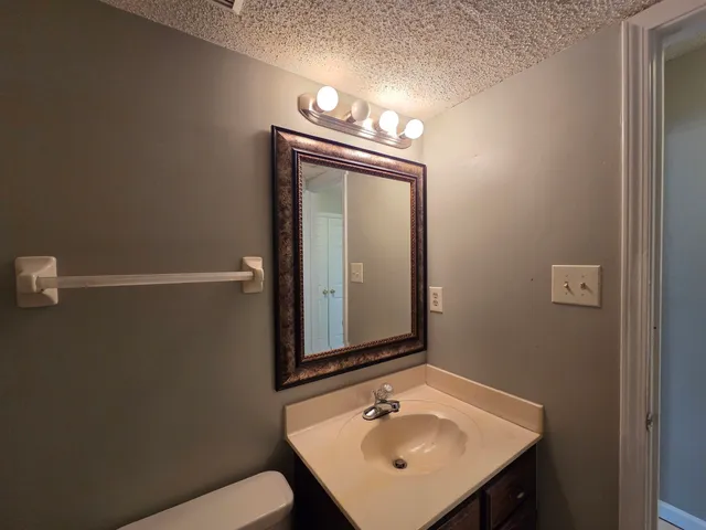 a bathroom with a sink a mirror and a toilet