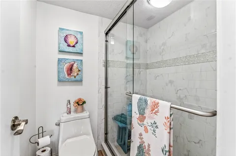 a bathroom with a shower and a toilet