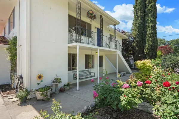 a view of a chair and table in the backyard