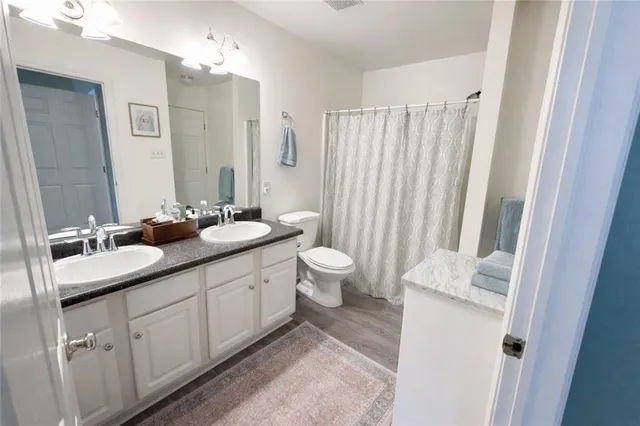 a bathroom with a double vanity sink mirror and toilet