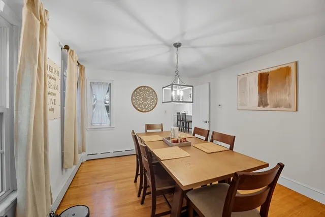 a view of a dining room with a table and chairs